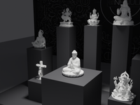 Buddha statue, three-quarter view on its plinth