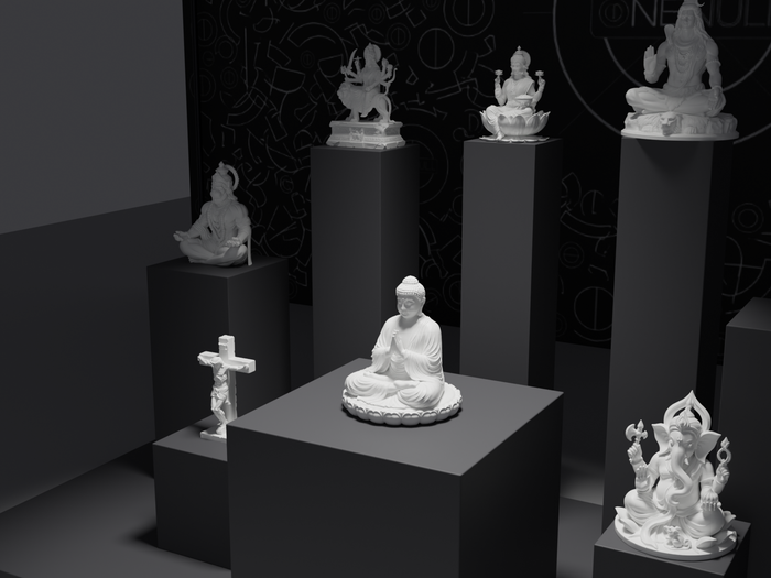 Buddha statue, three-quarter view on its plinth