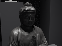Buddha statue in Black, close detail of the face and hands