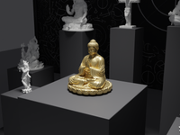 Buddha statue in Gold, three-quarter view on its plinth
