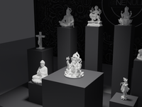 Ganesh murti statue in white, three-quarter view on its plinth