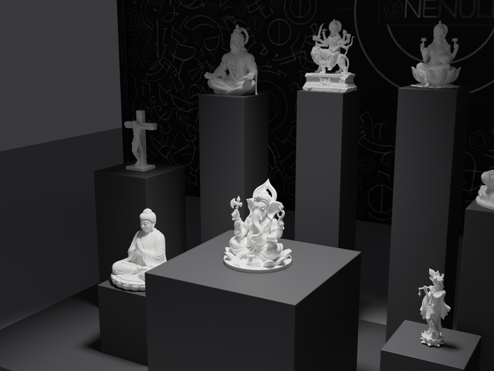 Ganesh murti statue in white, three-quarter view on its plinth