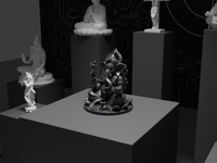 Ganesh murti statue in black, three-quarter view on its plinth