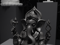 Ganesh murti statue in black, detail of the face and hands