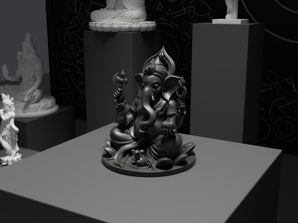 Ganesh murti statue in black, three-quarter view