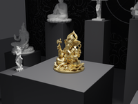 Ganesh murti statue in gold, three-quarter view on its plinth
