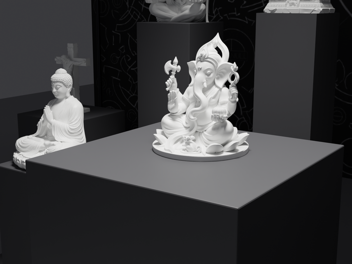 Ganesh murti statue in white, three-quarter view