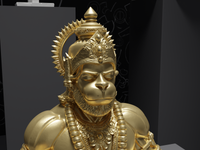 Hanuman statue in Gold, close detail of the face and hands
