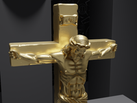 Jesus statue in Gold, close detail of the face and hands