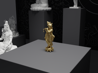 Krishna statue in Gold, three-quarter view on its plinth