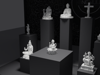 Lakshmi murti statue in white, three-quarter view on its plinth