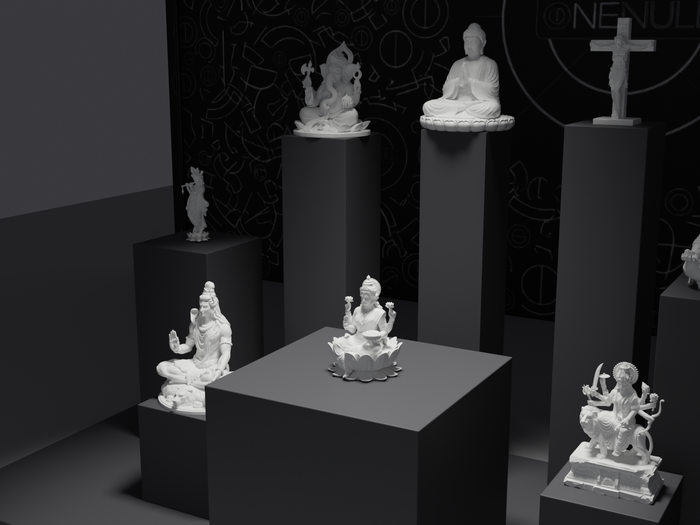 Lakshmi murti statue in white, three-quarter view on its plinth