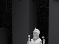 Lakshmi murti statue in white, detail of the face and hands