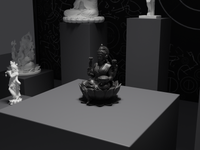 Lakshmi murti statue in black, three-quarter view on its plinth