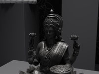 Lakshmi murti statue in black, detail of the face and hands