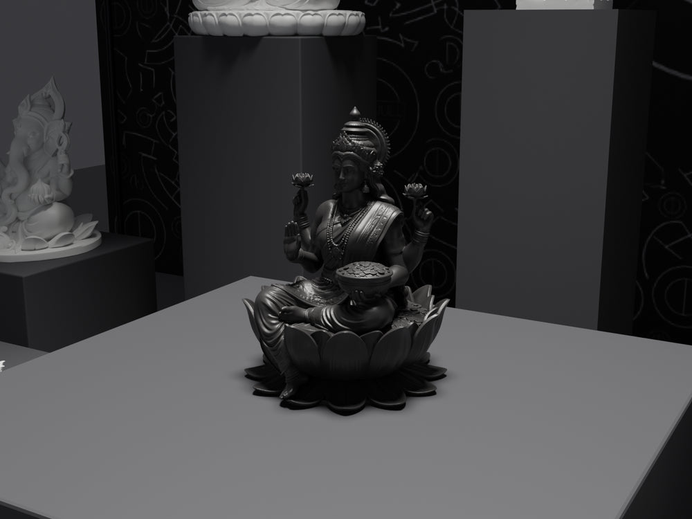 Lakshmi murti statue in black, three-quarter view