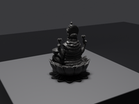 Lakshmi murti statue in black, rear three-quarter view, close