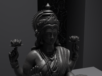 Lakshmi murti statue in black, close detail of the face and hands