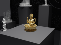 Lakshmi murti statue in gold, three-quarter view on its plinth