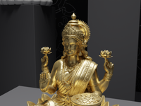 Lakshmi murti statue in gold, detail of the face and hands
