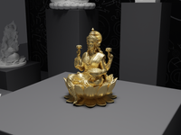 Lakshmi murti statue in gold, three-quarter view