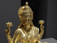 Lakshmi murti statue in gold, close detail of the face and hands