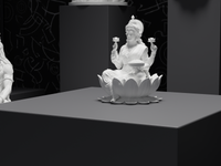 Lakshmi murti statue in white, close detail of the face and hands