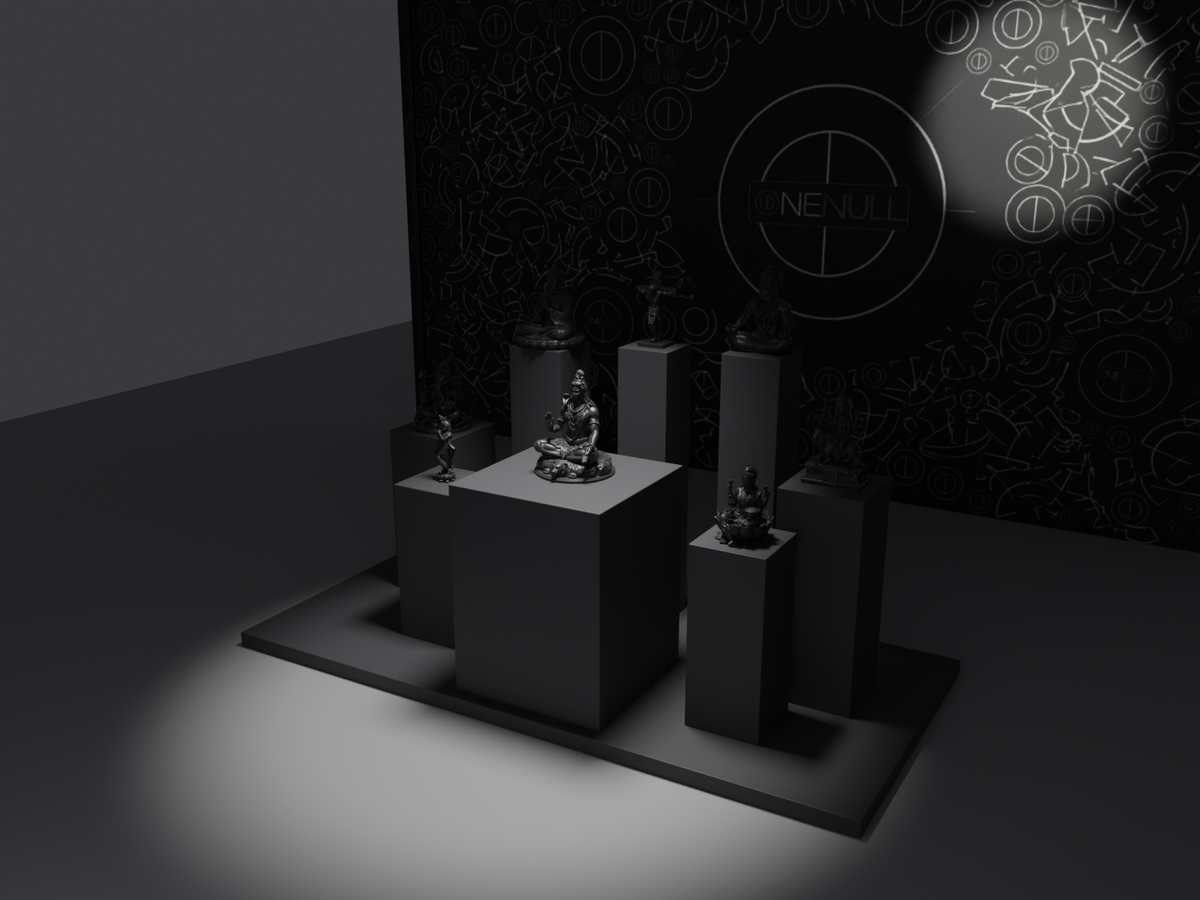 All eight statues from the Gods collection in black, in the ONENULL studio