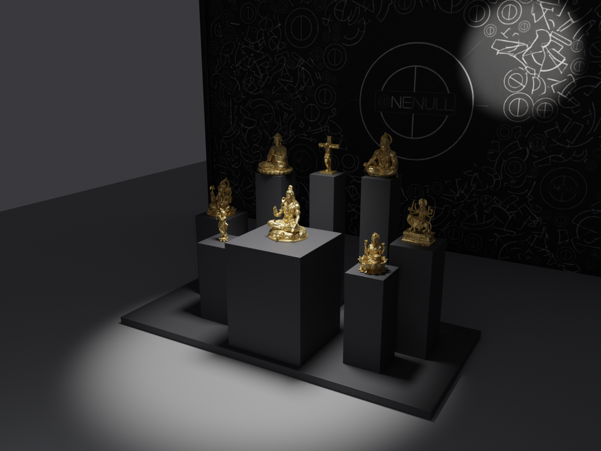All eight statues from the Gods collection in gold, in the ONENULL studio