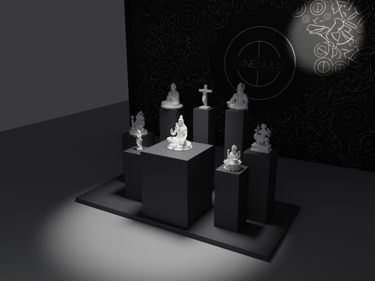 All eight statues from the Gods collection in white, in the ONENULL studio